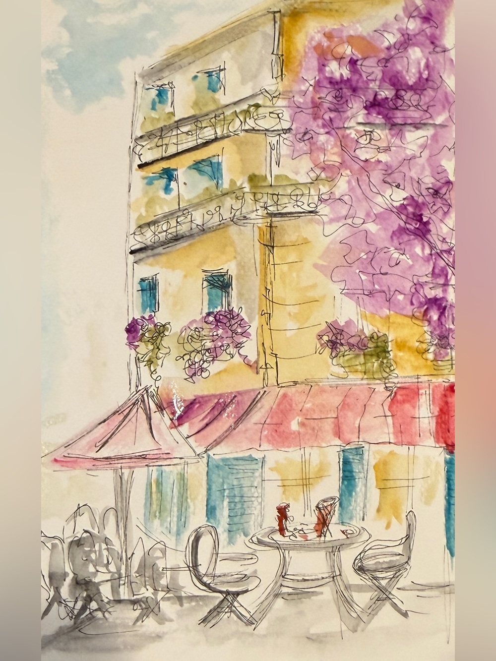 Paris cafe Watercolor Street Art painting in Purple and Yellow